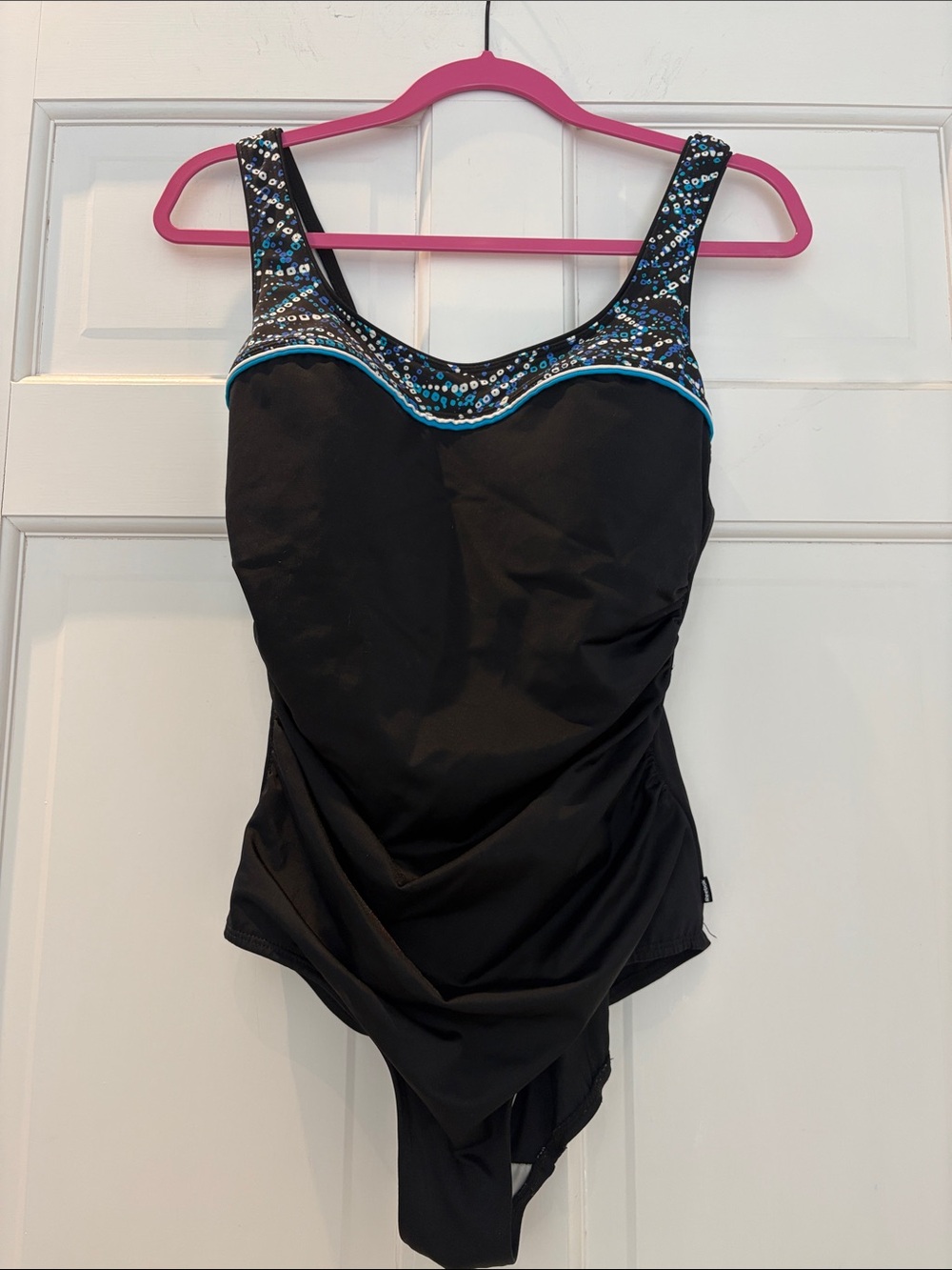Reebok Black One-Piece Swimsuit with Blue Print and Ruching